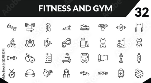 outline fitness and gym icons set. editable linear barbell bench press, hydratation, pushups exercises, and other 29 icons in this category isolated on transparent background.