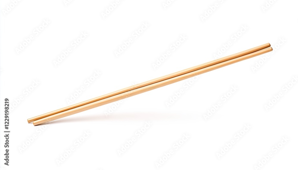 Elegant wooden chopsticks resting at an angle on a clean white surface, ideal for food presentation and dining Elegant wooden chopsticks resting at an angle on a clean white surface, ideal for food presentation and dining