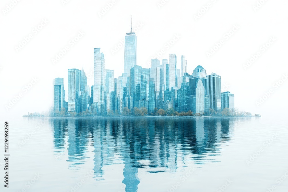 Fototapeta premium Ethereal Urban Landscape Reflected in Calm Waters, Showcasing Skyscrapers and Modern Architecture with a Soft and Dreamy Atmosphere
