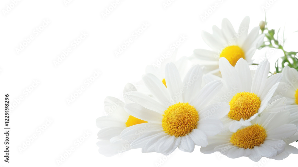 Fototapeta premium Bright white daisies with yellow centers arranged elegantly on a plain white background