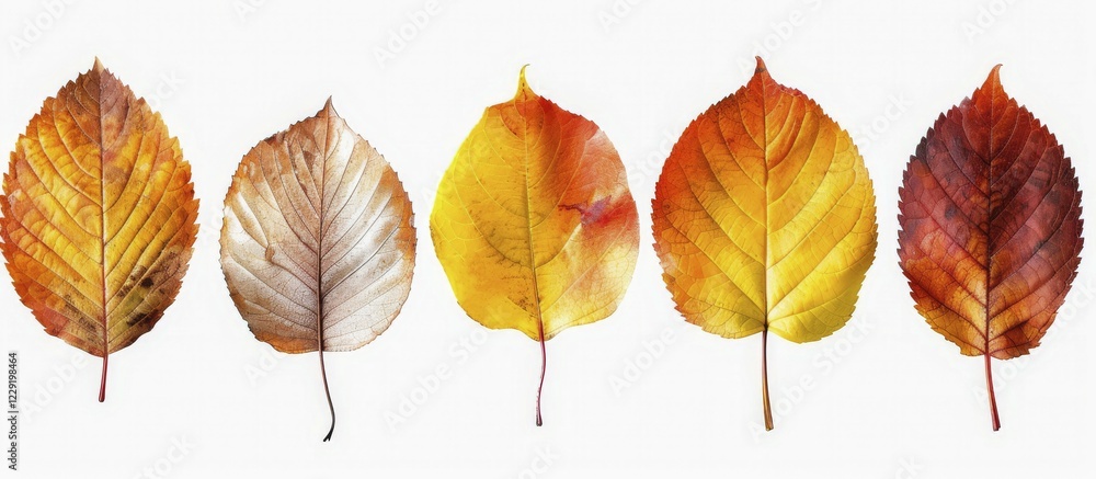 Obraz premium Five varied fall leaves in shades of orange, yellow, and red displayed in a row against a white backdrop, AI generated