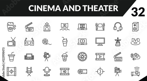 outline cinema and theater icons set. editable linear plus 18 movie, cinema ticket window, 3 dimension screen, and other 29 icons in this category isolated on transparent background.