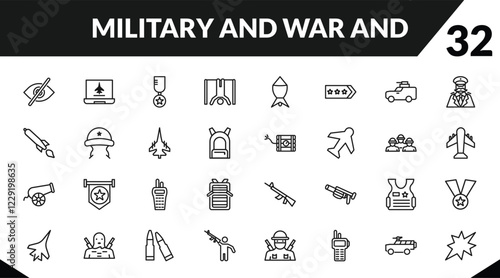 outline military and war and icons set. editable linear computer, in, torture, and other 29 icons in this category isolated on transparent background.
