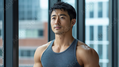 fit man stands confidently in office setting, showcasing strength and determination. modern background highlights his athletic build and focused expression Free Download fit man stands confidently in office setting, showcasing strength and determination. modern background highlights his athletic build and focused expression - GFXLoad