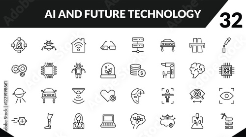 outline ai and future technology icons set. editable linear robot assistant, smart home, ar monocle, and other 29 icons in this category isolated on transparent background.