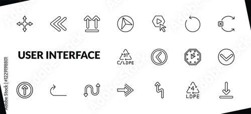 outline user interface icons set. editable linear two left arrows, up side, navigation arrow, and other 15 icons in this category isolated on transparent background.