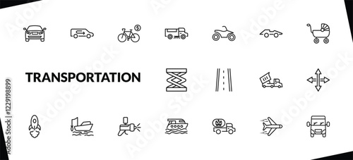 outline transportation icons set. editable linear recirculation, bicycle rental, road sweeper, and other 15 icons in this category isolated on transparent background.