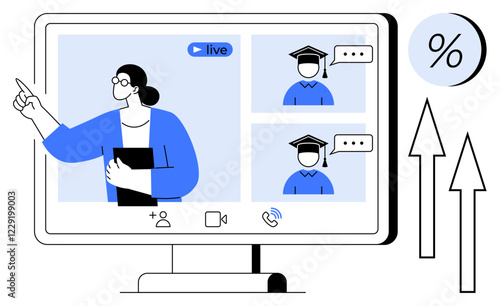Teacher conducting a virtual classroom session with two graduates engaging via video call. Ideal for educational technology, e-learning, remote teaching, online courses, virtual training, digital
