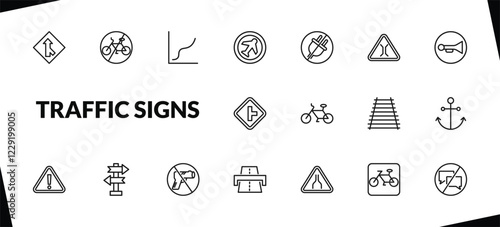 outline traffic signs icons set. editable linear no bicycle, curves, airport, and other 15 icons in this category isolated on transparent background.