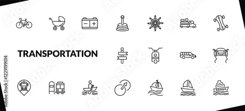 outline transportation icons set. editable linear baby trolley, workshop repair, gearshift, and other 15 icons in this category isolated on transparent background.