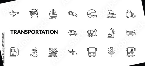 outline transportation icons set. editable linear slippy road, sailing boat with veils, bobsleigh, and other 15 icons in this category isolated on transparent background.