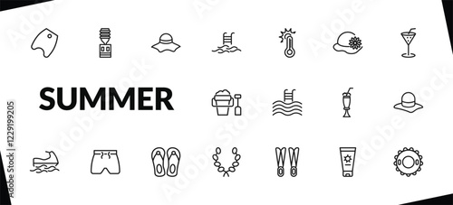 outline summer icons set. editable linear dispenser, summer hat, swimming pool ladder, and other 15 icons in this category isolated on transparent background.