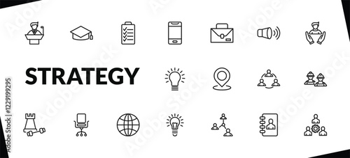 outline strategy icons set. editable linear graduation, planning, smartphone, and other 15 icons in this category isolated on transparent background.