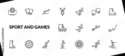 outline sport and games icons set. editable linear boxing glove, jumping ski, motor sports, and other 15 icons in this category isolated on transparent background.