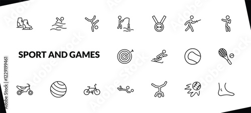 outline sport and games icons set. editable linear swimming figure, breakdance, fisher fishing, and other 15 icons in this category isolated on transparent background.