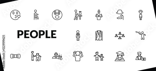 outline people icons set. editable linear sit down, surprised smile, sculptor working, and other 15 icons in this category isolated on transparent background.