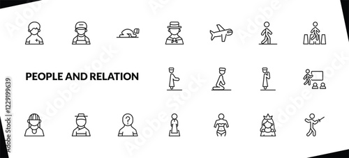 outline people and relation icons set. editable linear technician, sujud, colombian, and other 15 icons in this category isolated on transparent background.