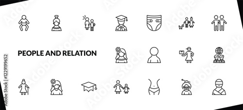 outline people and relation icons set. editable linear spanish woman, sexual harassment, graduated student, and other 15 icons in this category isolated on transparent background.