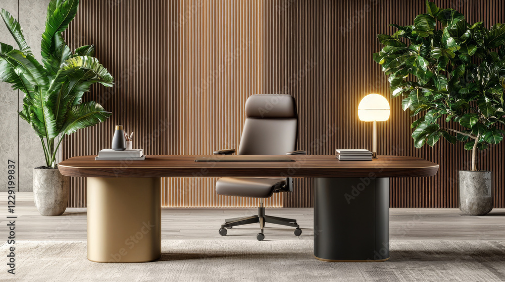 Chic home office design featuring high end ergonomic desk, stylish chair, and decorative plants. warm tones create welcoming atmosphere for productivity Chic home office design featuring high end ergonomic desk, stylish chair, and decorative plants. warm tones create welcoming atmosphere for productivity