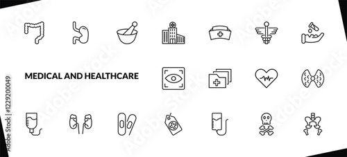 outline medical and healthcare icons set. editable linear esophagus, medicines bowl, hospital building front, and other 15 icons in this category isolated on transparent background.