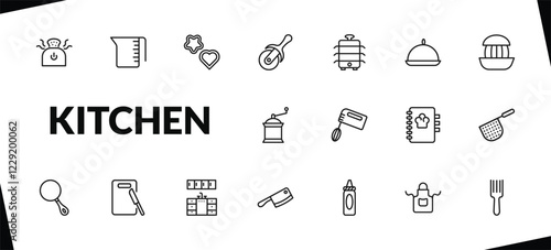 outline kitchen icons set. editable linear measuring cup, cookie cutter, pizza cutter, and other 15 icons in this category isolated on transparent background.