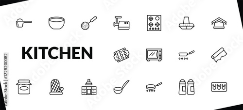 outline kitchen icons set. editable linear soup bowl, skimmer, meat grinder, and other 15 icons in this category isolated on transparent background.