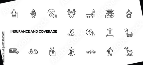 outline insurance and coverage icons set. editable linear replacement value, money insurance, family insurance, and other 15 icons in this category isolated on transparent background.