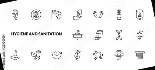outline hygiene and sanitation icons set. editable linear antibacterial, hair washing, dryer, and other 15 icons in this category isolated on transparent background.