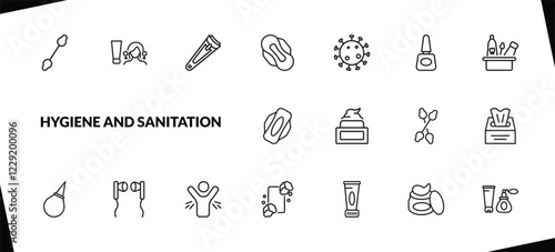 outline hygiene and sanitation icons set. editable linear scrub up, nail clippers, sanitary napkin, and other 15 icons in this category isolated on transparent background.