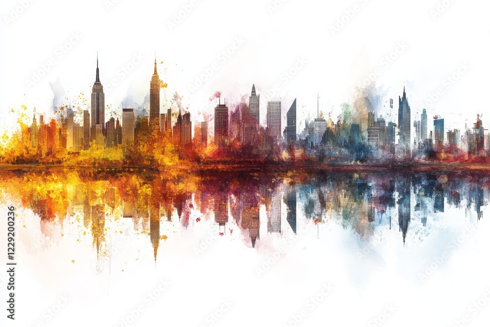 Obraz premium Vibrant Abstract City Skyline with Colorful Reflections on Water Creating a Dreamlike Urban Landscape in a Contemporary Art Style