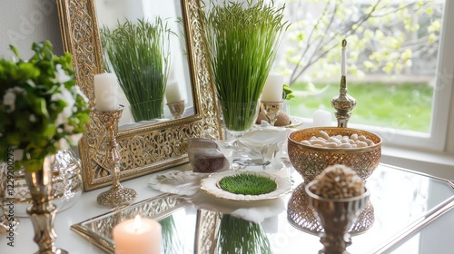 Nowruz Haft-Sin table display with wheatgrass photo