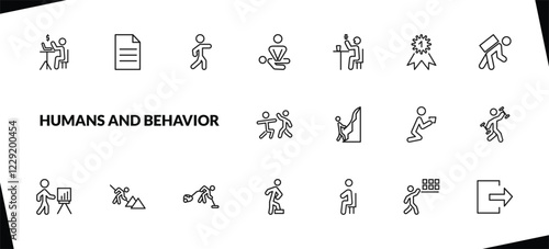 outline humans and behavior icons set. editable linear single file, man pointing, cpr, and other 15 icons in this category isolated on transparent background.