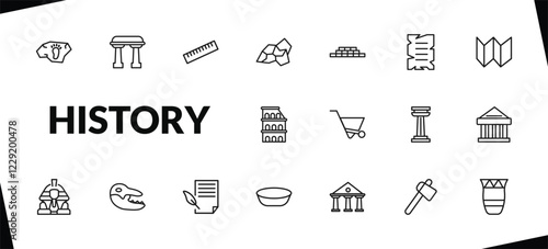 outline history icons set. editable linear arc, ruler, stone, and other 15 icons in this category isolated on transparent background.