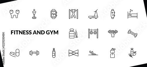 outline fitness and gym icons set. editable linear boxing mannequin, fitness bracelet, bar exercising, and other 15 icons in this category isolated on transparent background.