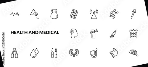outline health and medical icons set. editable linear salt, dumbbell, medical strip, and other 15 icons in this category isolated on transparent background.