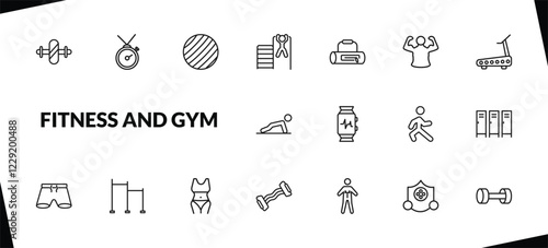 outline fitness and gym icons set. editable linear training watch, gymnastic ball, tightening bar, and other 15 icons in this category isolated on transparent background.