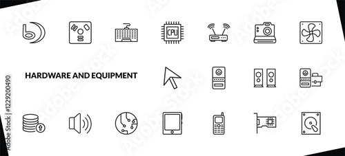 outline hardware and equipment icons set. editable linear firewire, keyboard wire, gpu, and other 15 icons in this category isolated on transparent background.