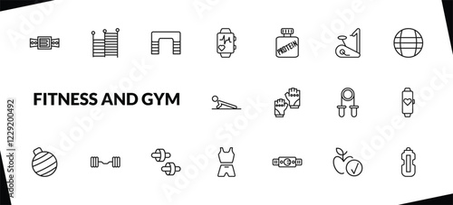 outline fitness and gym icons set. editable linear gym ladder, fitness step, pulsometer, and other 15 icons in this category isolated on transparent background.