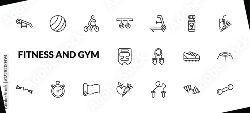 outline fitness and gym icons set. editable linear pilates ball, riding bicycle, gymnastic rings, and other 15 icons in this category isolated on transparent background.