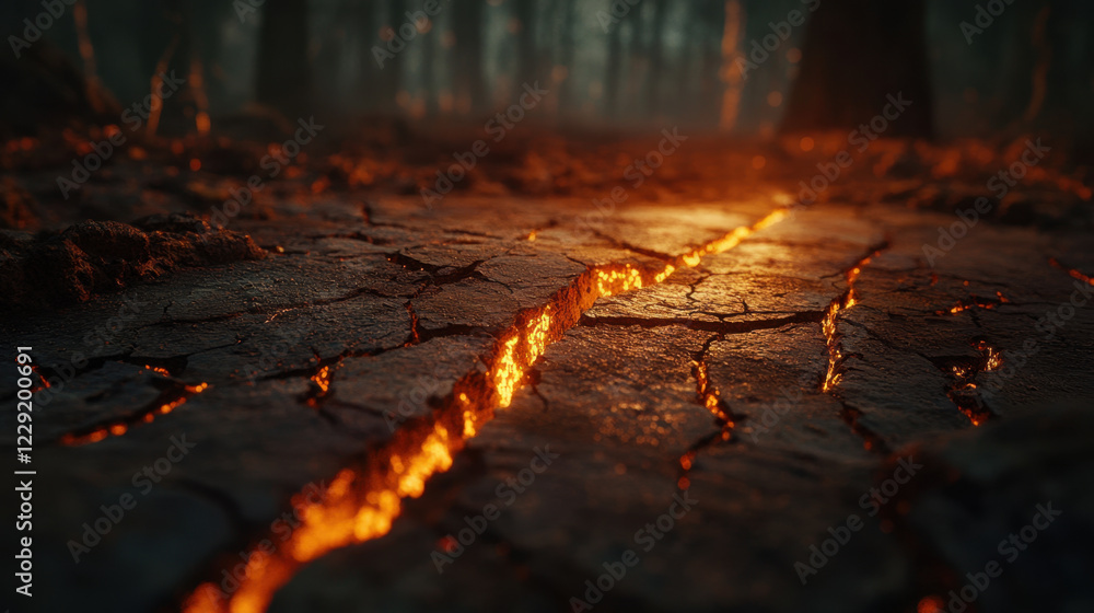 Cracked ground with glowing lava, surrounded by dark forest trees, creating dramatic and eerie atmosphere Cracked ground with glowing lava, surrounded by dark forest trees, creating dramatic and eerie atmosphere