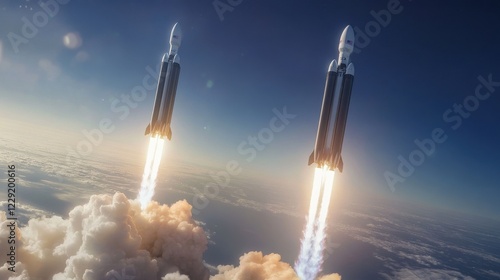 Heavy reusable rockets launching into space, featuring stage separation. The reusable rocket stages return to Earth, with the spaceship entering Earth's orbit. Falcon rocket in space, representing US photo