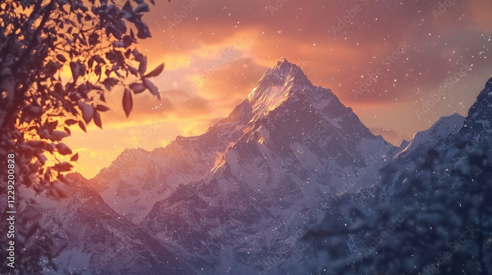 Obraz premium Majestic snowcapped mountain peak at sunset during snowfall