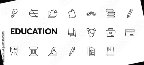 outline education icons set. editable linear microphone with stand, is not an element of, open file, and other 15 icons in this category isolated on transparent background.