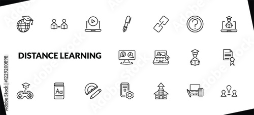 outline distance learning icons set. editable linear asynchronous learning, tutorial, fountain pen, and other 15 icons in this category isolated on transparent background.