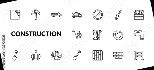 outline construction icons set. editable linear inclined picker, truck with load, tank truck, and other 15 icons in this category isolated on transparent background.