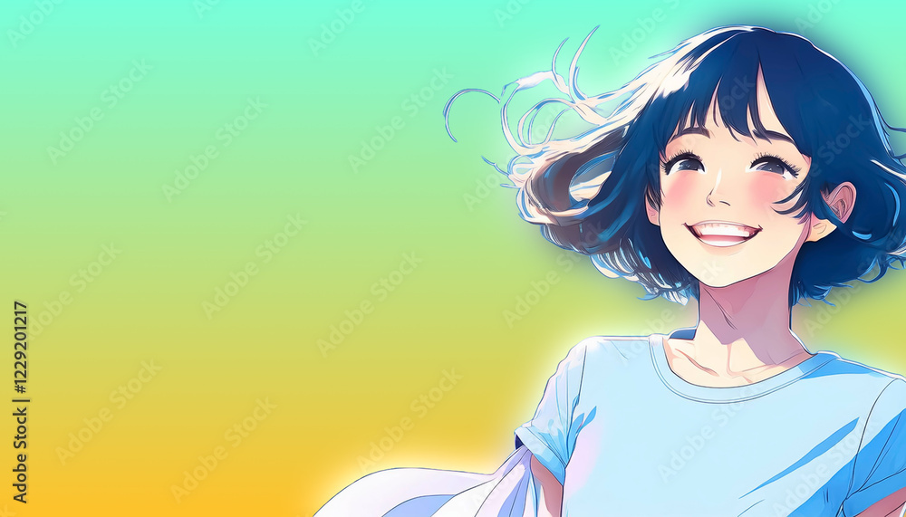 春 アニメ・漫画風の女の子 さわやかで元気なイメージ 風に髪をなびかせ笑顔で前を向く 学生・新社会人・希望・旅行・嬉しい表情・休日・解放的・喜び・始まり 春 アニメ・漫画風の女の子 さわやかで元気なイメージ 風に髪をなびかせ笑顔で前を向く 学生・新社会人・希望・旅行・嬉しい表情・休日・解放的・喜び・始まり