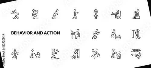 outline behavior and action icons set. editable linear man drinking, old man walking, man with mobile phone, and other 15 icons in this category isolated on transparent background.
