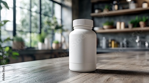 Blank white supplement bottle mockup on a blurred kitchen background, minimalistic design perfect for showcasing branding and product labels.