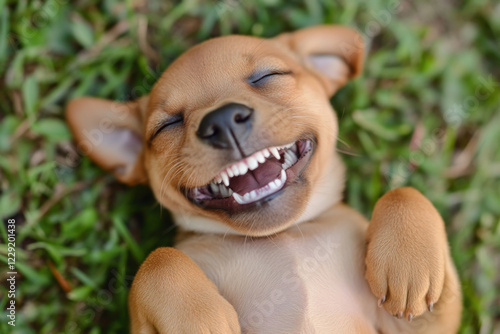 Puppy rolling on its back with a big open-mouthed smile, looking blissful photo