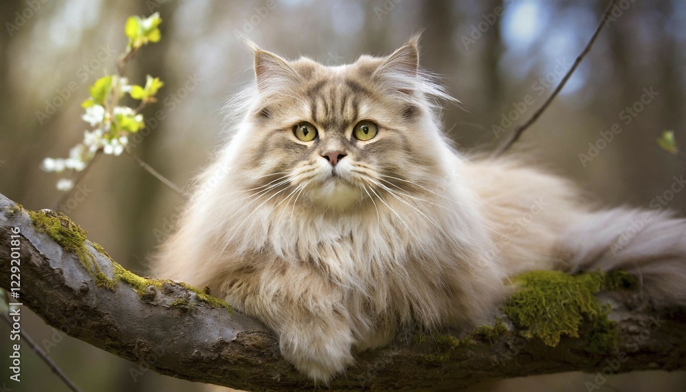 AI generated, animal, animals, mammal, mammals, cat, felidae (Felis catus), pedigree cat, pedigree cats, a cream-coloured Main Coon cat resting in a fruit tree, tree blossom AI generated, animal, animals, mammal, mammals, cat, felidae (Felis catus), pedigree cat, pedigree cats, a cream-coloured Main Coon cat resting in a fruit tree, tree blossom